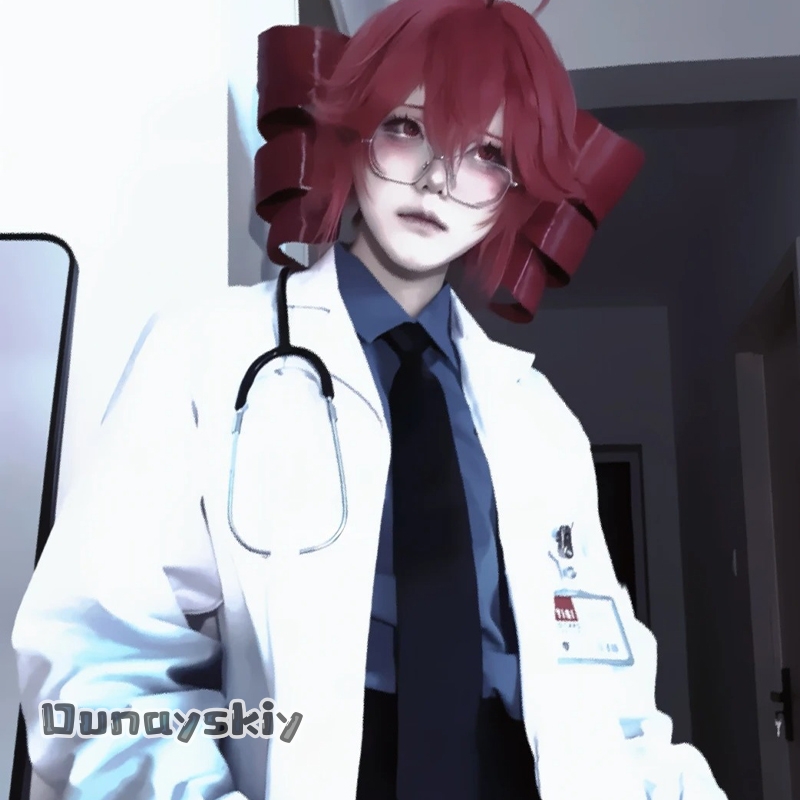 Medical Lab Games - CR818UTAU カサネ・テティガク 医療テーマコスプレ衣装 白い白衣 赤いツインドリルヘアスタイル コミック・ハロウィン用フル衣装