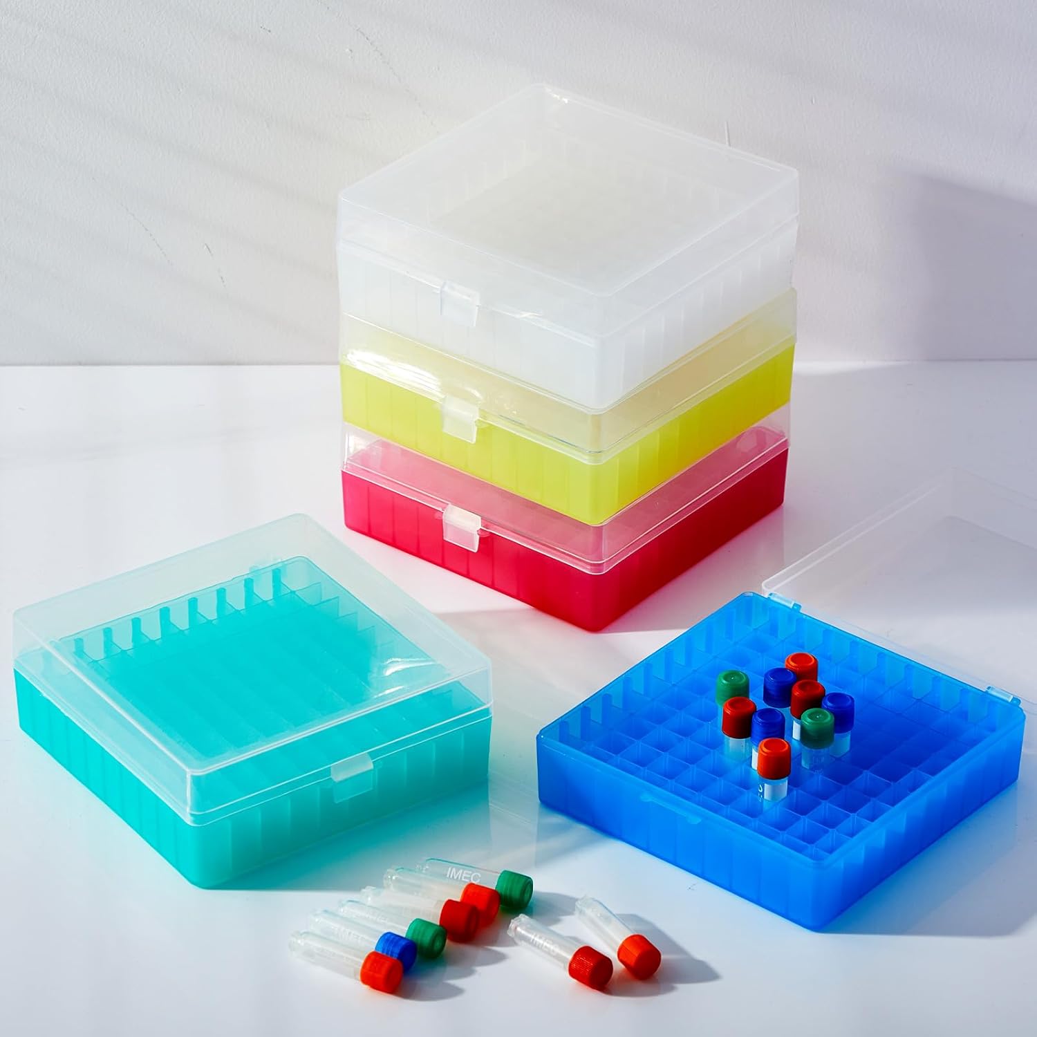 Laboratory Centrifuge - 100穴遠心管クライオ保存ボックス、スナップクラスプ付き冷凍庫ボックス、遠心管ホルダーラック、ラボバイアル保管用
